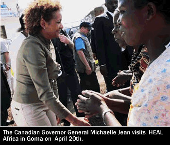 The Canadian Governor General Michaelle Jean, right, is greeted by Dr. Jo Lusi at HEAL Africa in Goma on  April 20th
